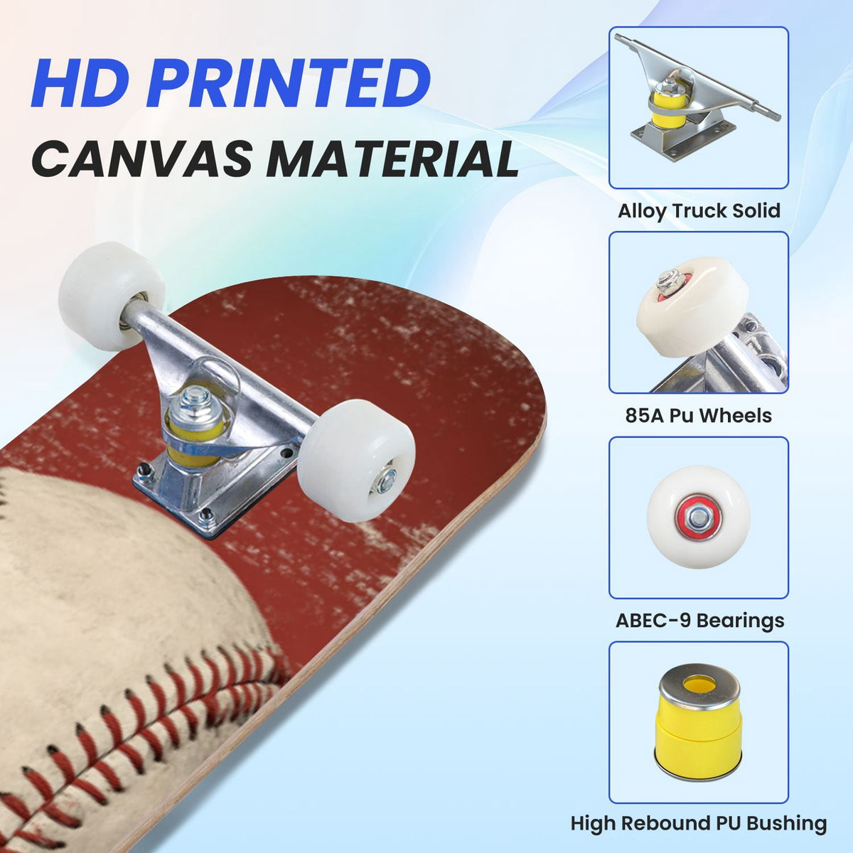 31"x8" Complete Skateboards for Beginners,Vintage Baseball Worn Red Stitches Rustic Double Kick 7 Ply Canadian Maple Deck Skateboard with Wheels, Sports Gifts for Kids Teens