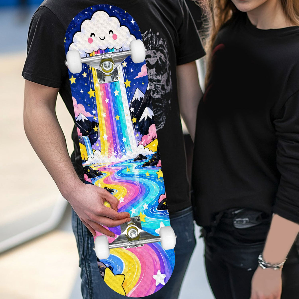 Complete Skateboard Colorful Hearts Graffiti 31 Inch 7-Ply Maple Skateboard with PU Wheels and Aluminum Trucks, Ready-to-Ride Skateboard for Beginners, Teens and Adults