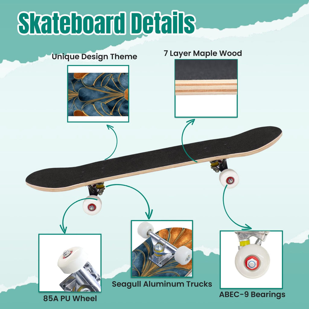 Starry Nebula Deep Blue Purple Tones Cosmic Clouds Stars 31" x 8" Complete Skateboard, 7-Ply Canadian Maple Double Kick Trick Board for Kids and Beginners Adult Gifts