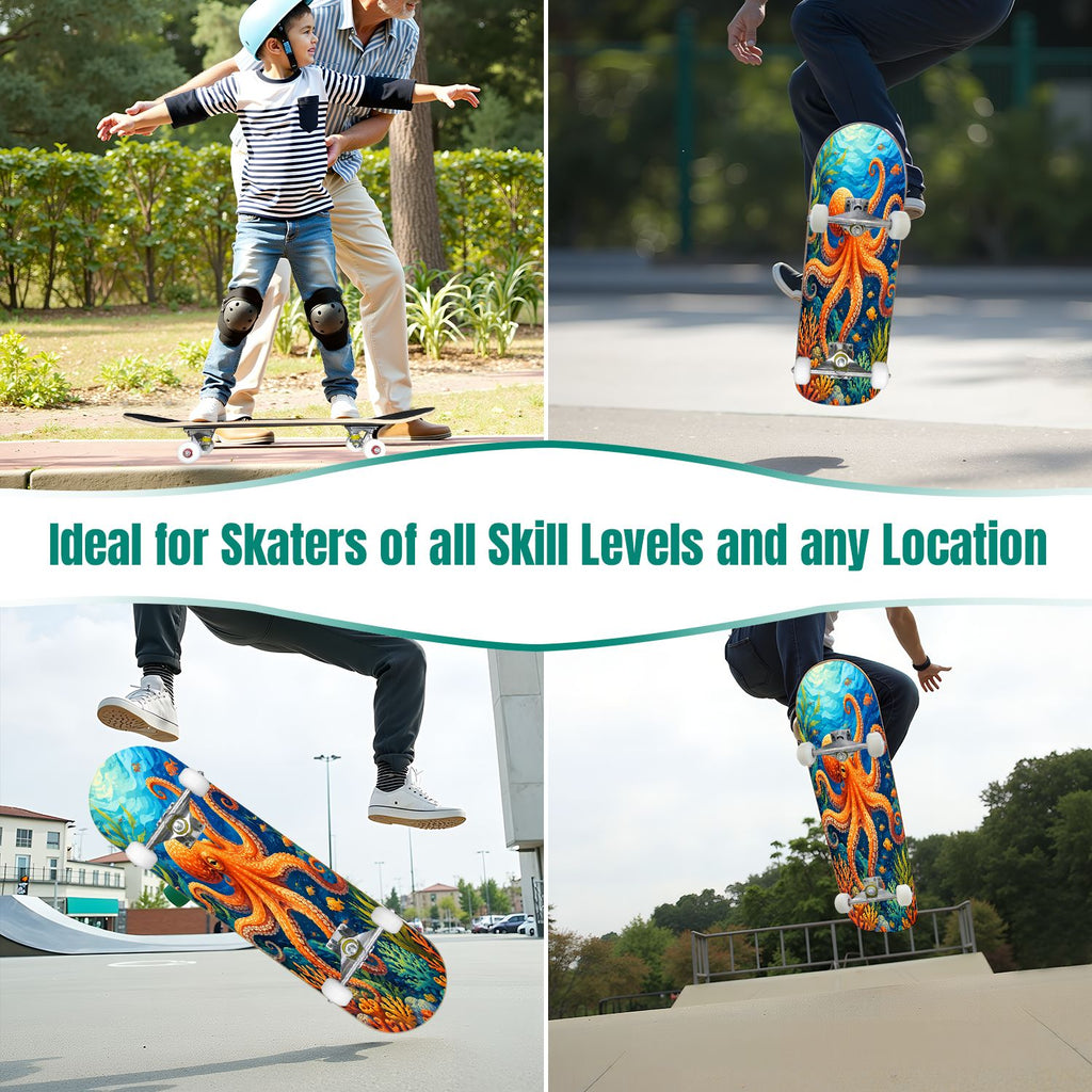 31"x8" Complete Skateboards for Beginners, Colorful Cosmic Octopus Tentacles Starry Marine Life Double Kick 7 Ply Canadian Maple Deck Skateboard with Wheels, Gifts for Kids Teens