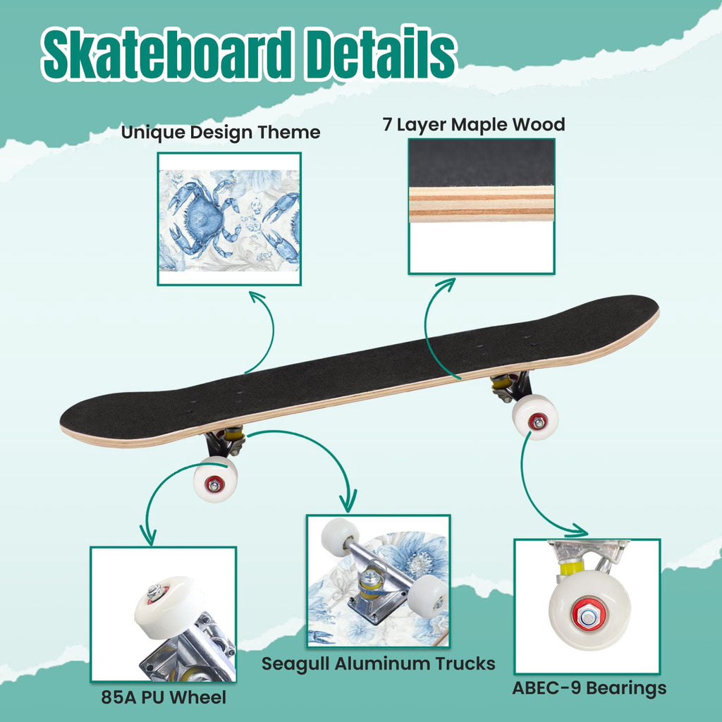Tropical Jungle Leaf Teal Green Botanical 31" x 8" Complete Skateboard, 7-Ply Canadian Maple Double Kick Trick Board for Kids and Beginners Adult Gifts