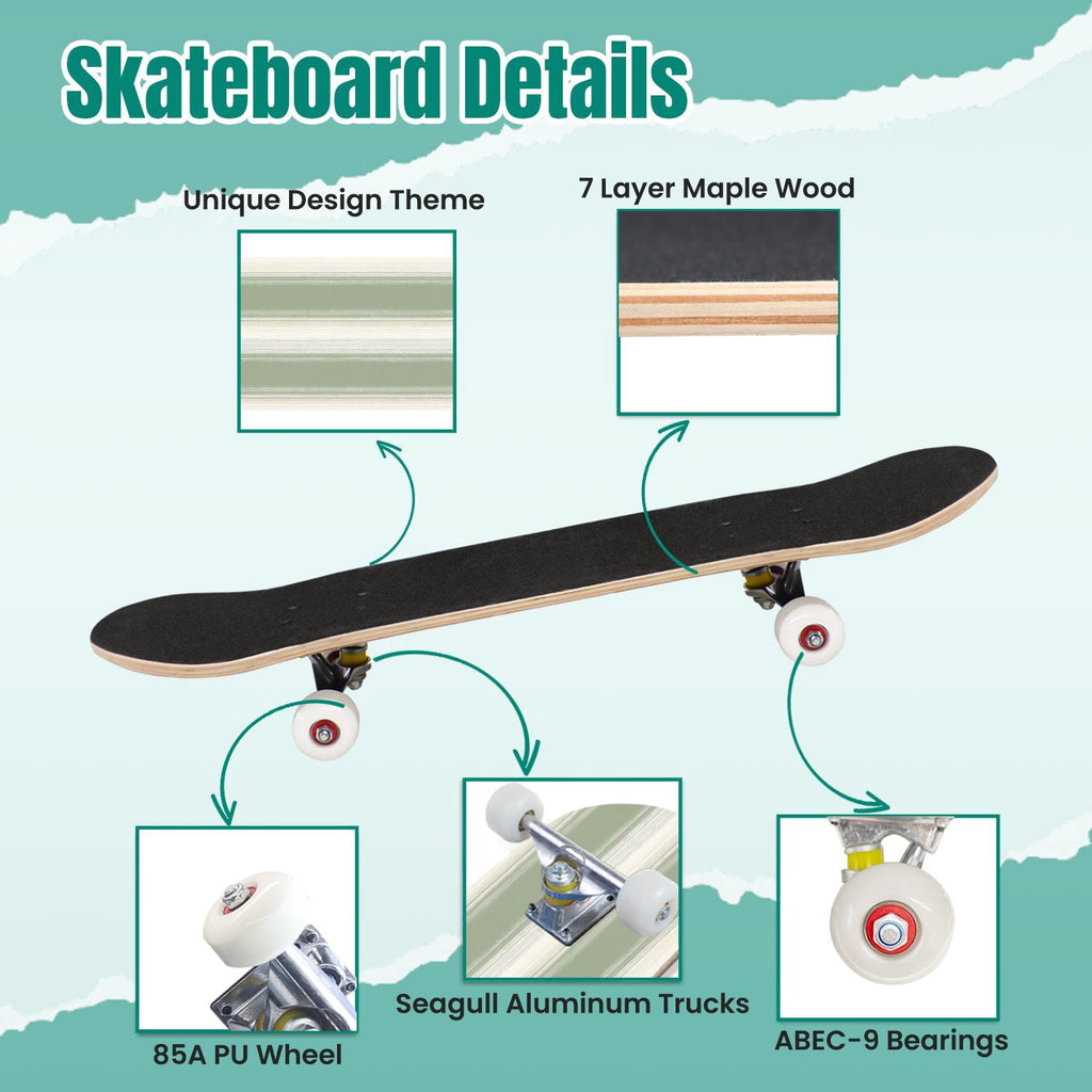 Botanical Floral Peonies Hummingbirds 31" x 8" Complete Skateboard, 7-Ply Canadian Maple Double Kick Trick Board for Kids and Beginners Adult Gifts