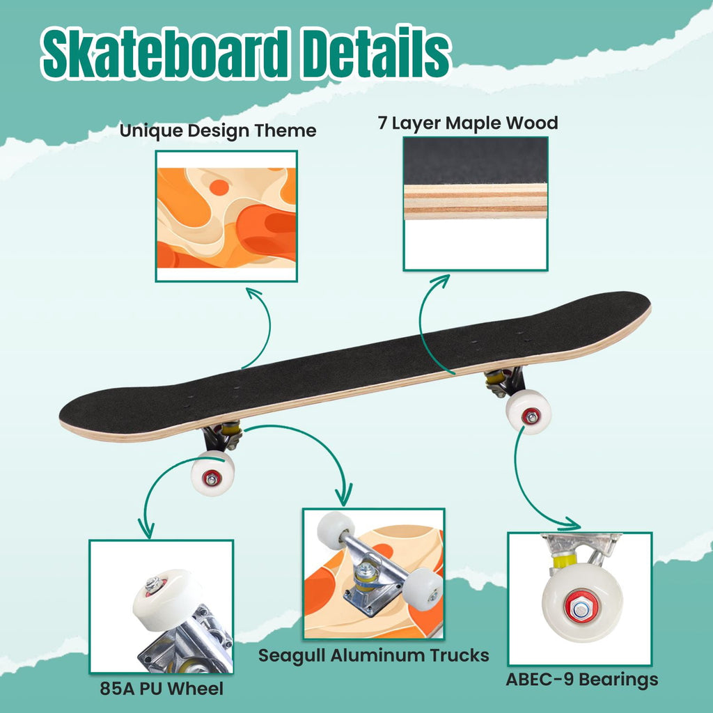 Botanical Floral Peonies Hummingbirds 31" x 8" Complete Skateboard, 7-Ply Canadian Maple Double Kick Trick Board for Kids and Beginners Adult Gifts