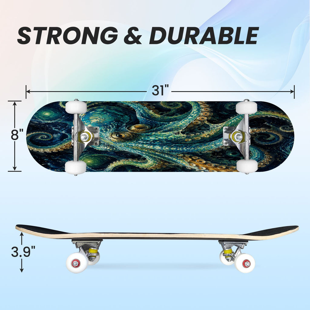 31"x8" Complete Skateboards for Beginners, Colorful Underwater Two Seahorses Coral Reefs Double Kick 7 Ply Canadian Maple Deck Skateboard with Wheels, Gifts for Kids Teens