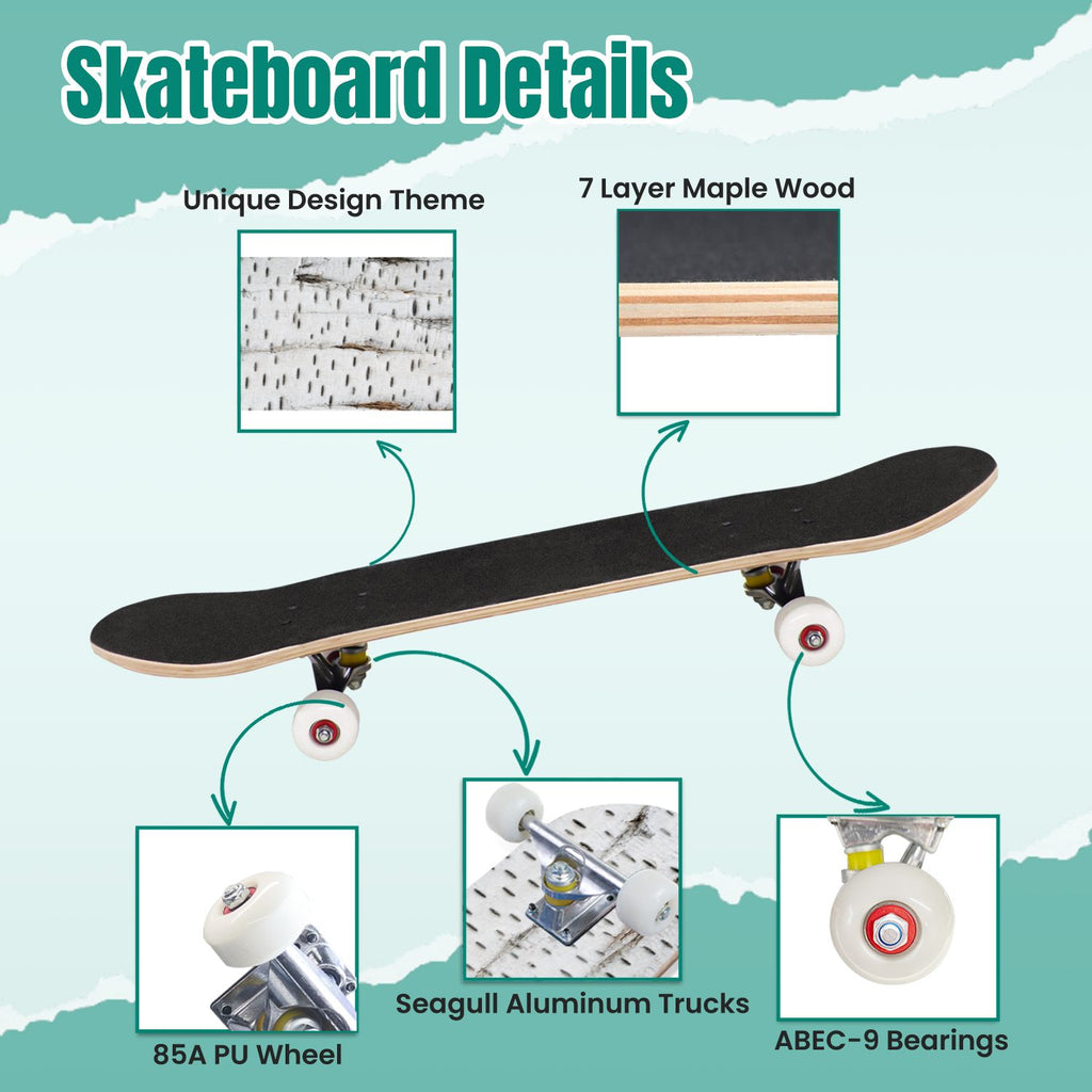 White Birch Tree Bark Natural Knots Horizontal Lines 31" x 8" Complete Skateboard, 7-Ply Canadian Maple Double Kick Trick Board for Kids and Beginners Adult Gifts