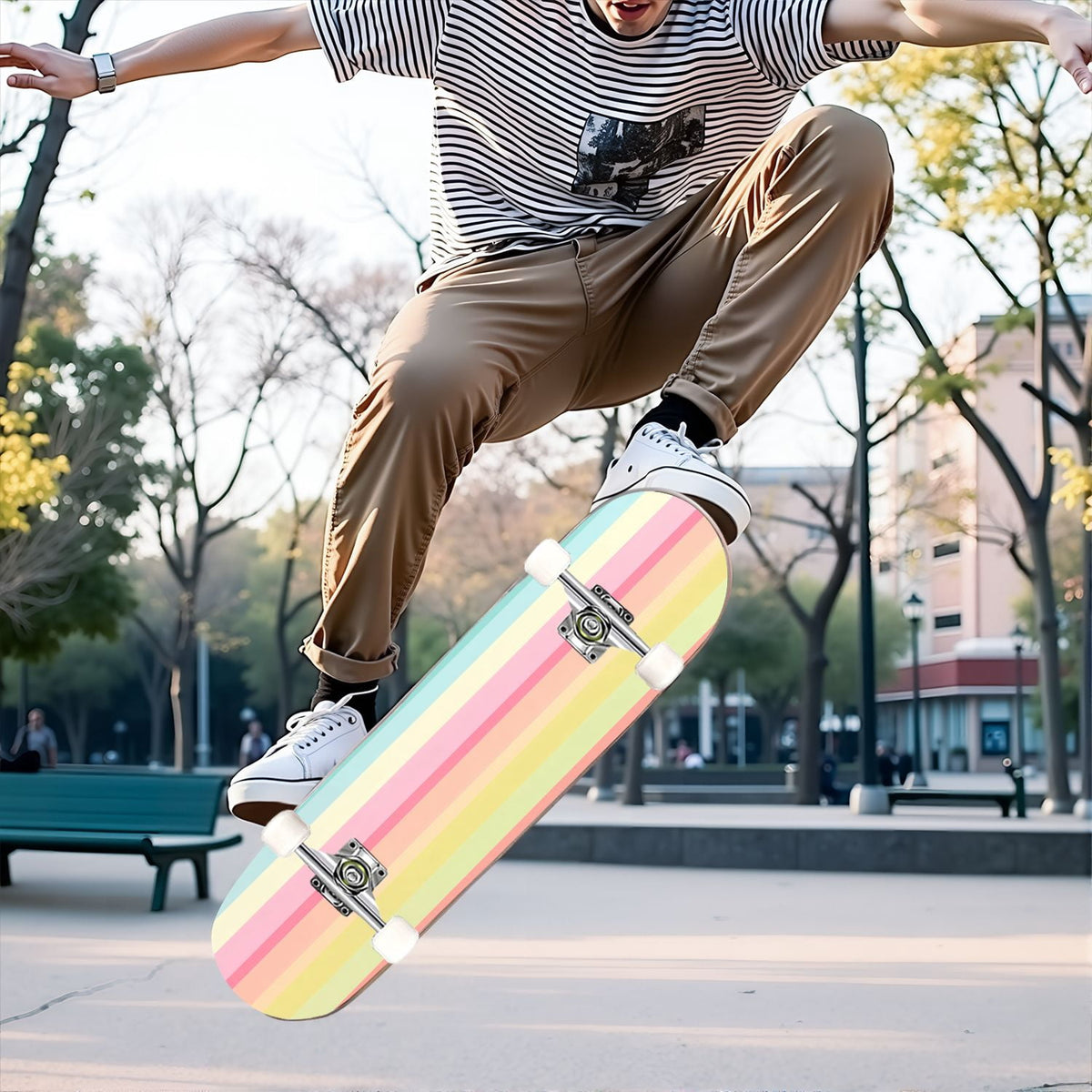 31"x8" Complete Skateboards for Beginners,Vibrant Diagonal Rainbow Gradient Abstract Art Double Kick 7 Ply Canadian Maple Deck Skateboard with Wheels, Gifts for Kids Teens