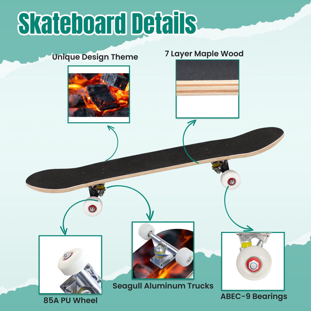 Vintage Damask Light Blue Brown Tones 31" x 8" Complete Skateboard, 7-Ply Canadian Maple Double Kick Trick Board for Kids and Beginners Adult Gifts