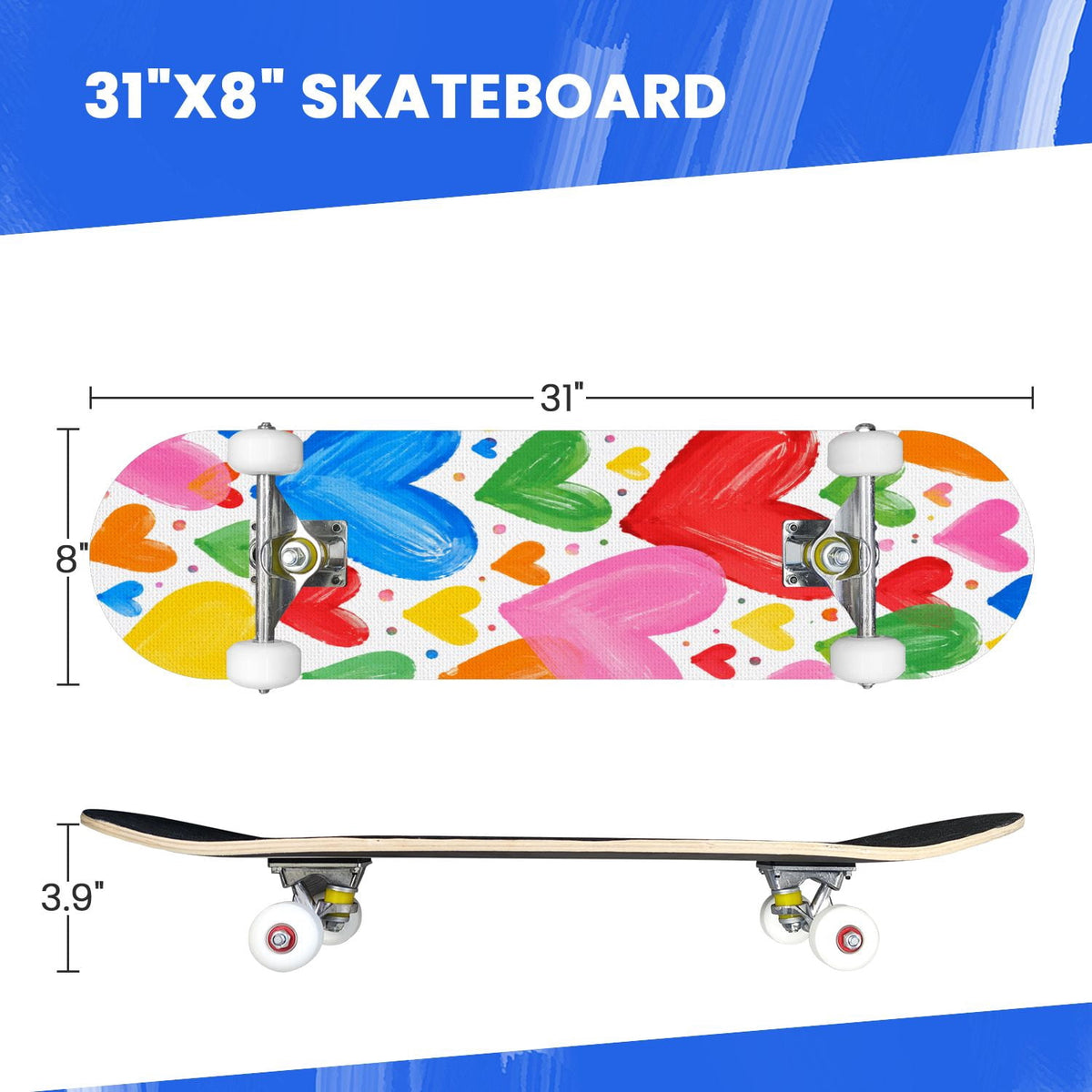 Complete Skateboard Colorful Splash Art Headphones 31 Inch 7-Ply Maple Skateboard with PU Wheels and Aluminum Trucks, Ready-to-Ride Skateboard for Beginners, Teens and Adults