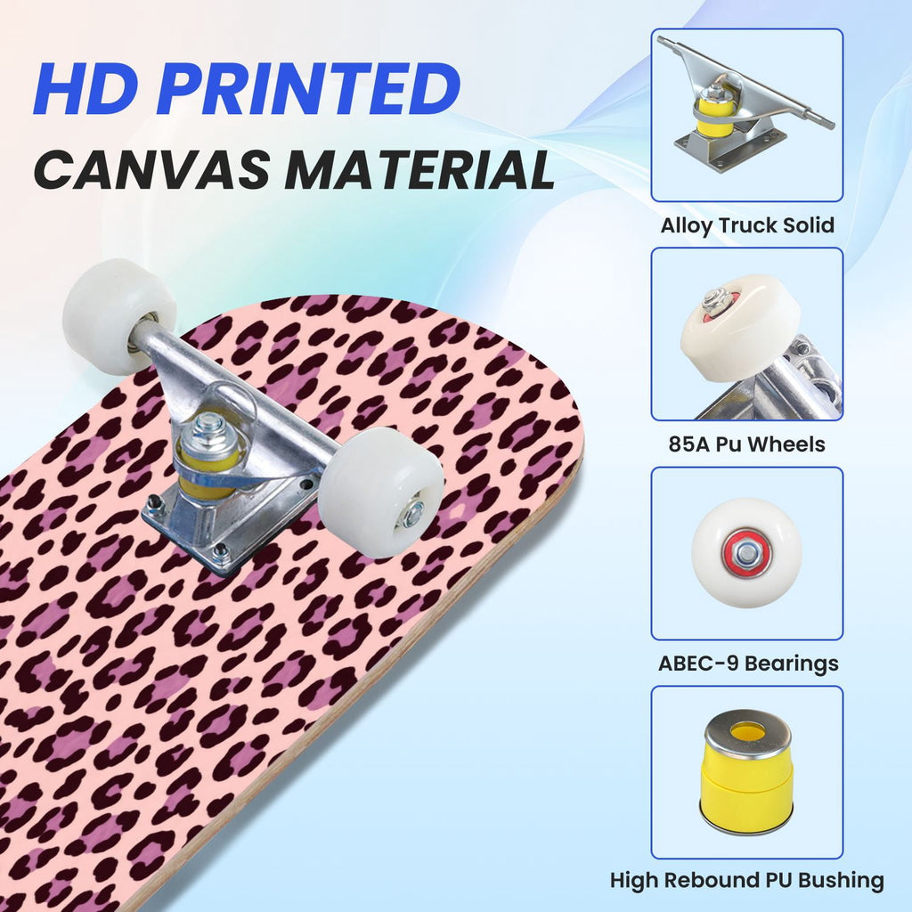 31"x8" Complete Skateboards for Beginners, Pink Floral Ribbon Roses Bows White Double Kick 7 Ply Canadian Maple Deck Skateboard with Wheels, Gifts for Girls Teens