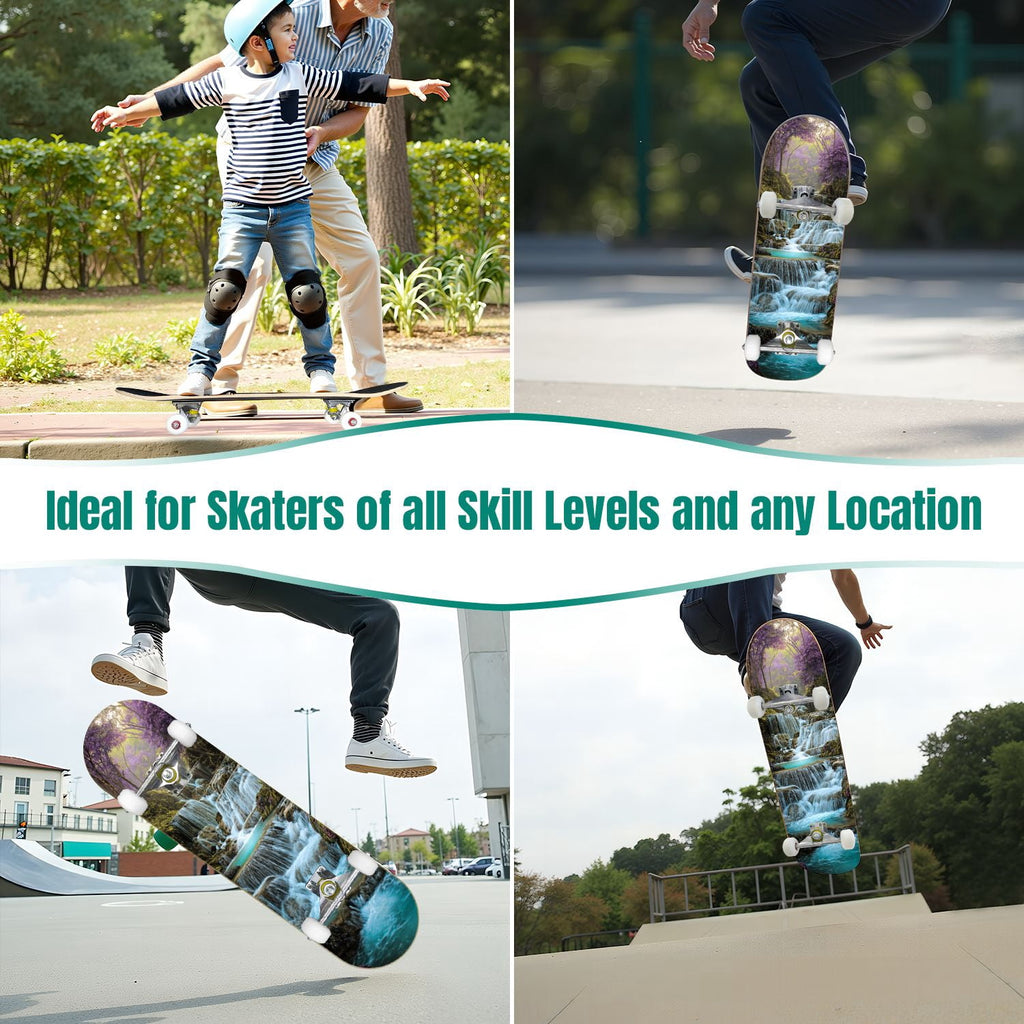 31"x8" Complete Skateboards for Beginners, Vibrant Stained Glass Window Butterflies Flowers Double Kick 7 Ply Canadian Maple Deck Skateboard with Wheels, Gifts for Kids Teens