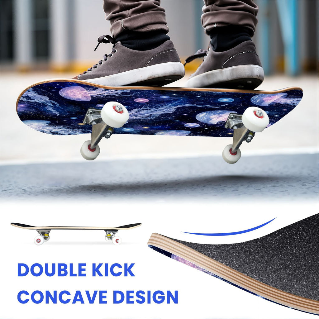 31"x8" Complete Skateboards for Beginners, Seashell Starfish Blue White Nautical Marine Life Double Kick 7 Ply Canadian Maple Deck Skateboard with Wheels, Gifts for Kids Teens