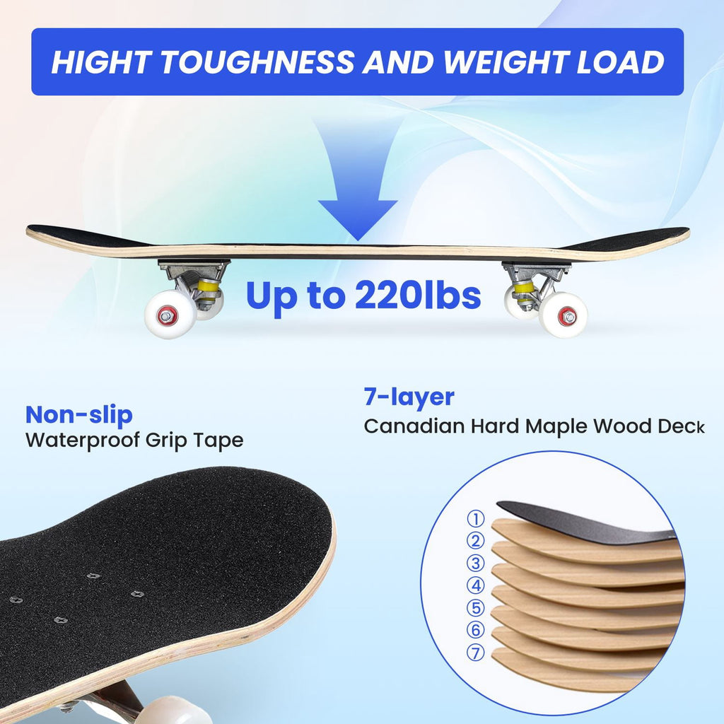 31"x8" Complete Skateboards for Beginners, Pastel Clouds Sparkles Dreamy Gradient Sky Summer Decor Double Kick 7 Ply Canadian Maple Deck Skateboard with Wheels, Gifts for Kids Teens