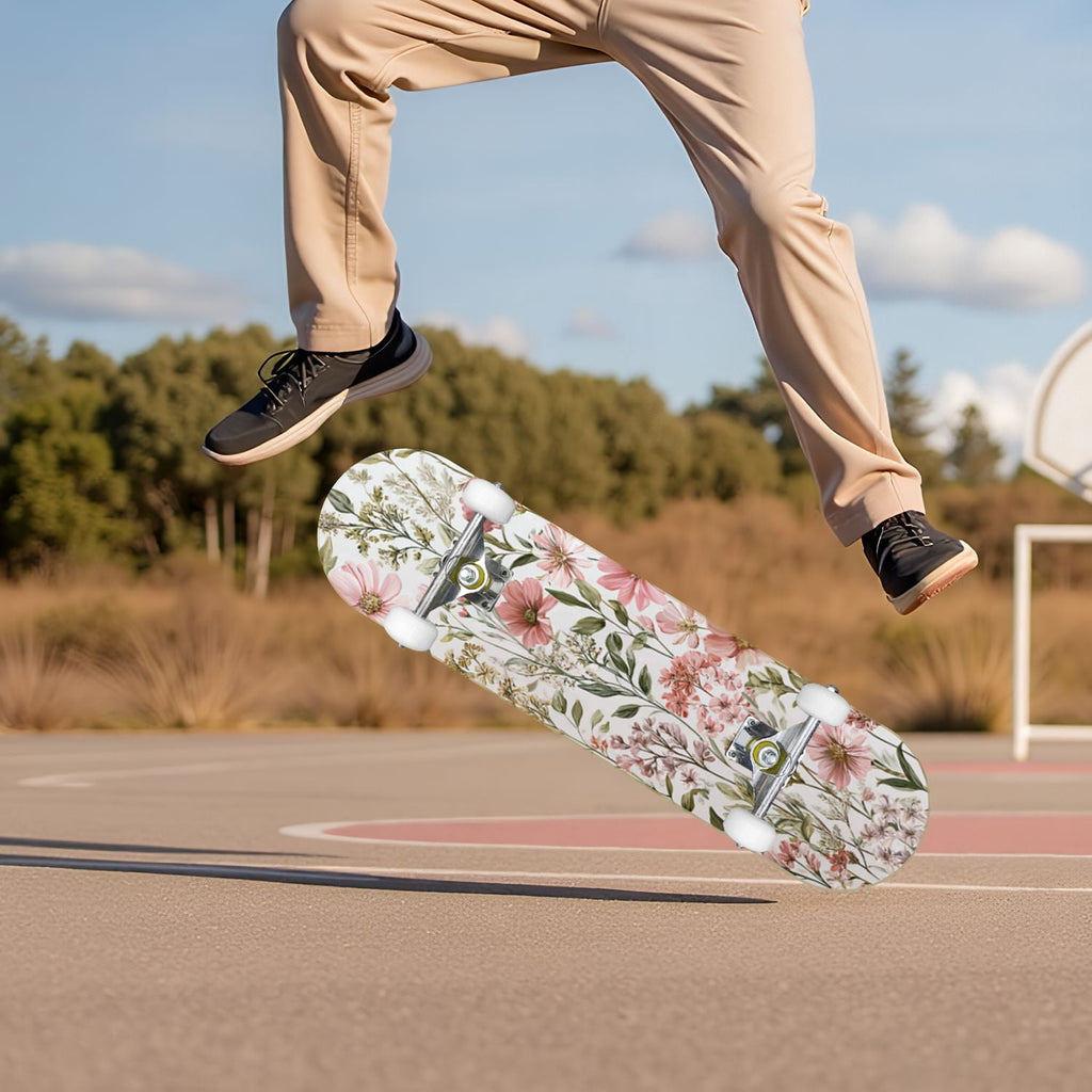 Golden Floral Line Art Seamless 31" x 8" Complete Skateboard, 7-Ply Canadian Maple Double Kick Trick Board for Kids and Beginners Adult Gifts