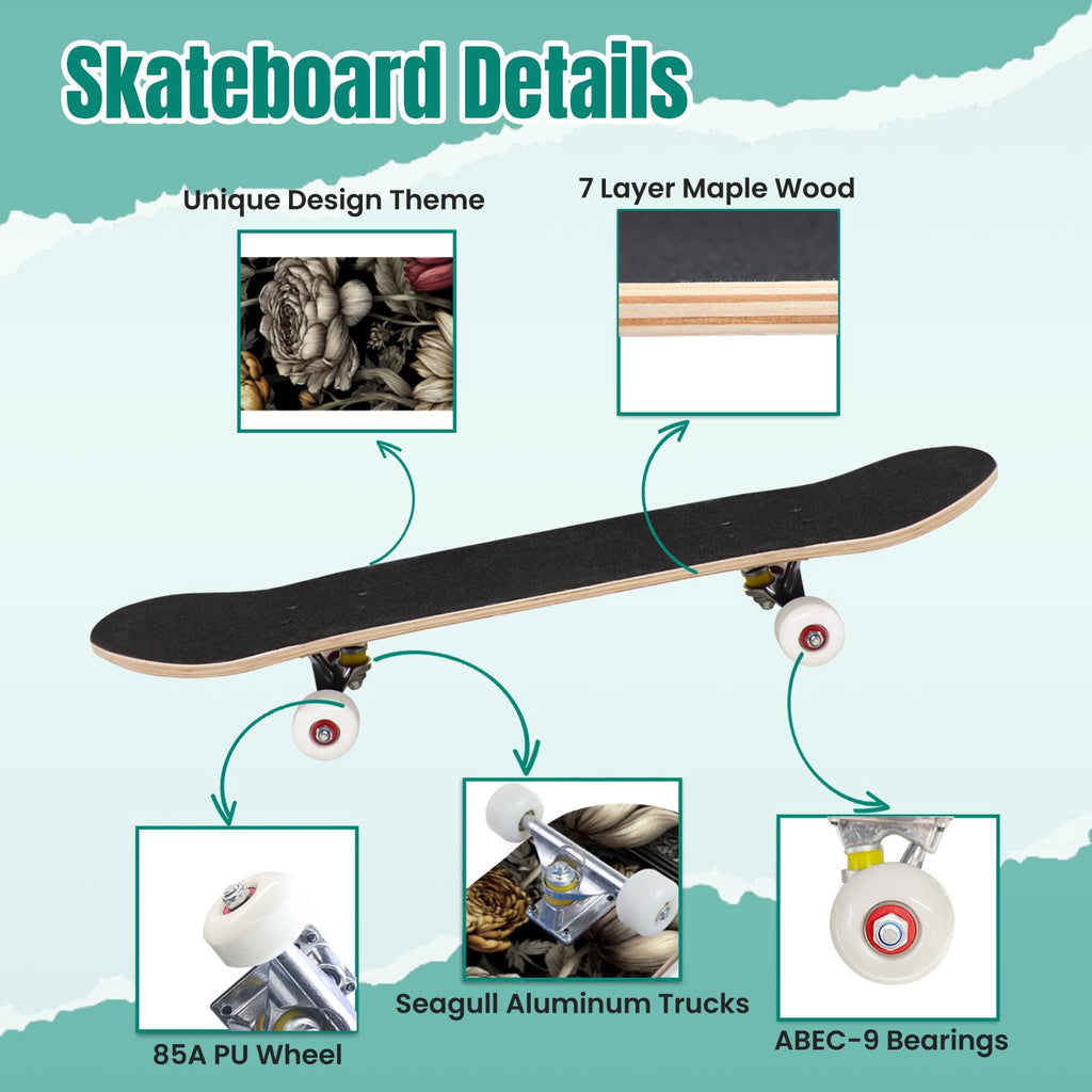 Gothic Purple Blue Floral Dark 31" x 8" Complete Skateboard, 7-Ply Canadian Maple Double Kick Trick Board for Kids and Beginners Adult Gifts