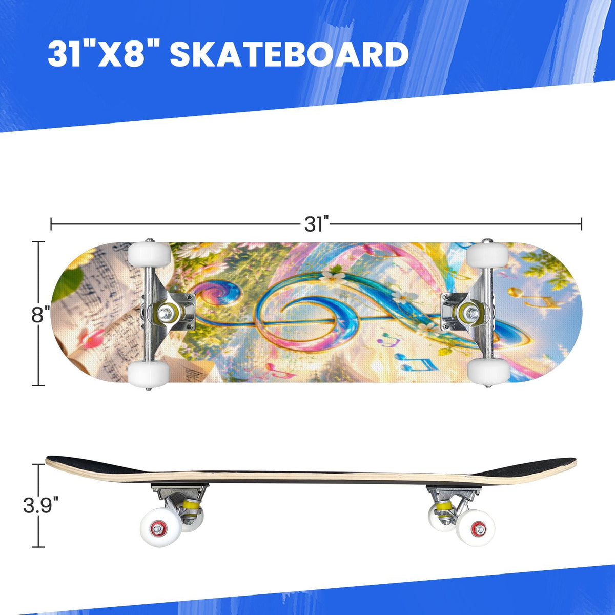 Complete Skateboard Vibrant Multicolored Abstract 31 Inch 7-Ply Maple Skateboard with PU Wheels and Aluminum Trucks, Ready-to-Ride Skateboard for Beginners, Teens and Adults
