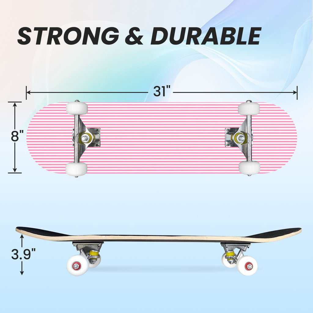 31"x8" Complete Skateboards for Beginners, Pink Floral Striped Delicate Leaves Flowers Botanical Double Kick 7 Ply Canadian Maple Deck Skateboard with Wheels, Gifts for Girls Teens