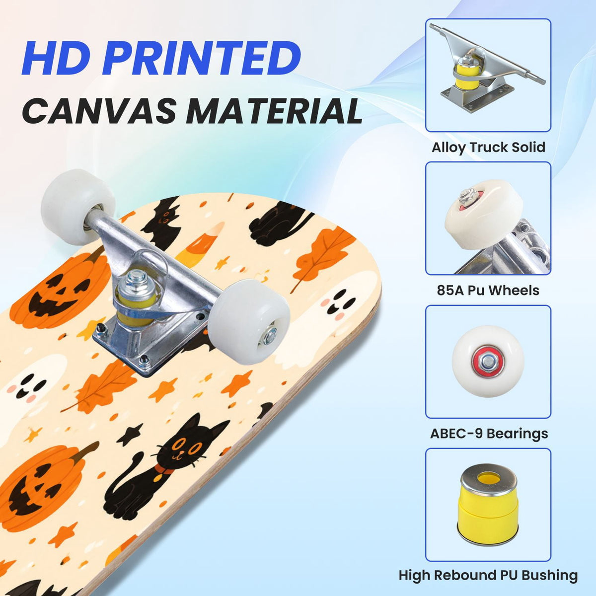 31"x8" Complete Skateboards for Beginners,Halloween Black Cats Pumpkins Ghosts Bats Beige Double Kick 7 Ply Canadian Maple Deck Skateboard with Wheels, Gifts for Kids Teens
