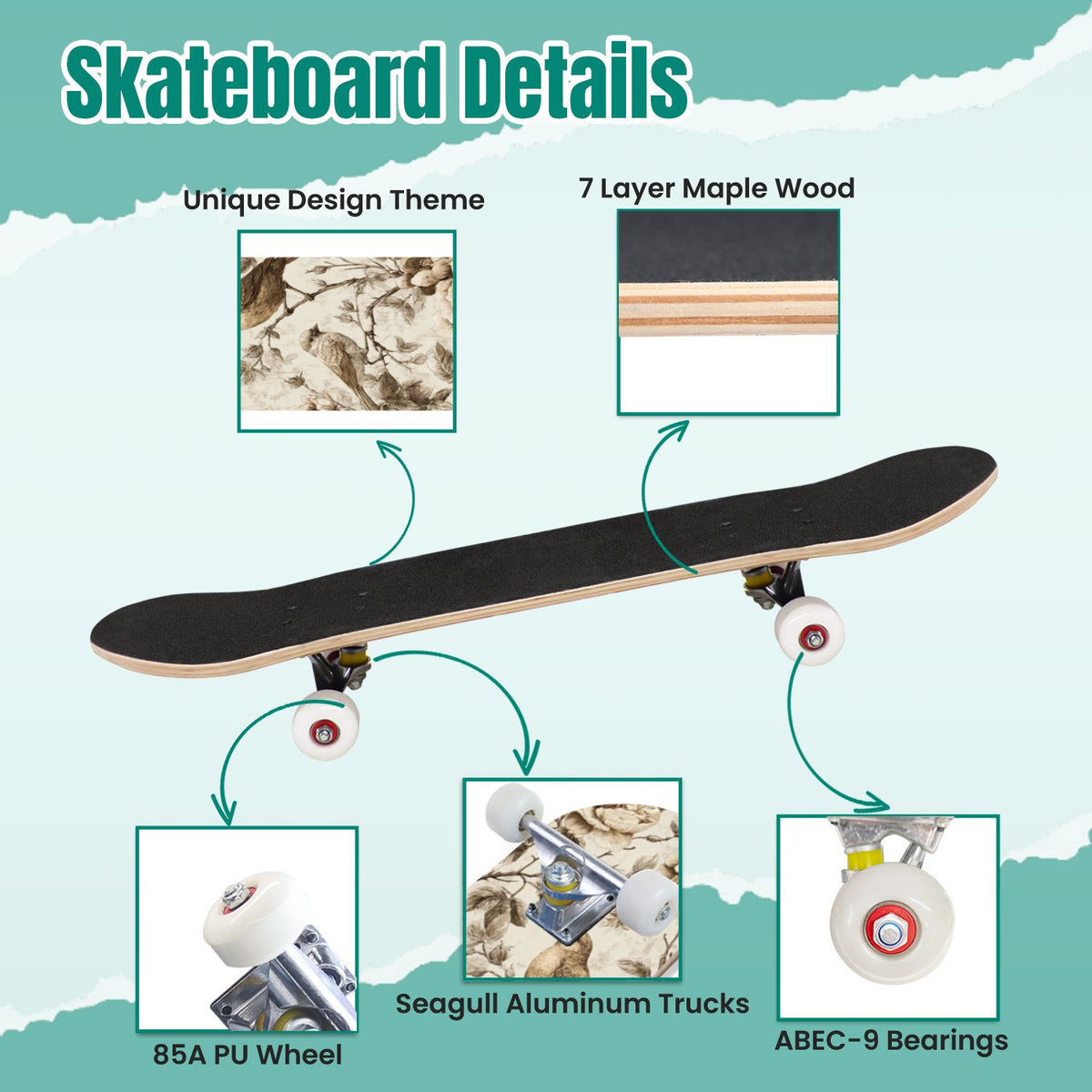 Vintage Floral Bird Sepia Tones 31" x 8" Complete Skateboard, 7-Ply Canadian Maple Double Kick Trick Board for Kids and Beginners Adult Gifts