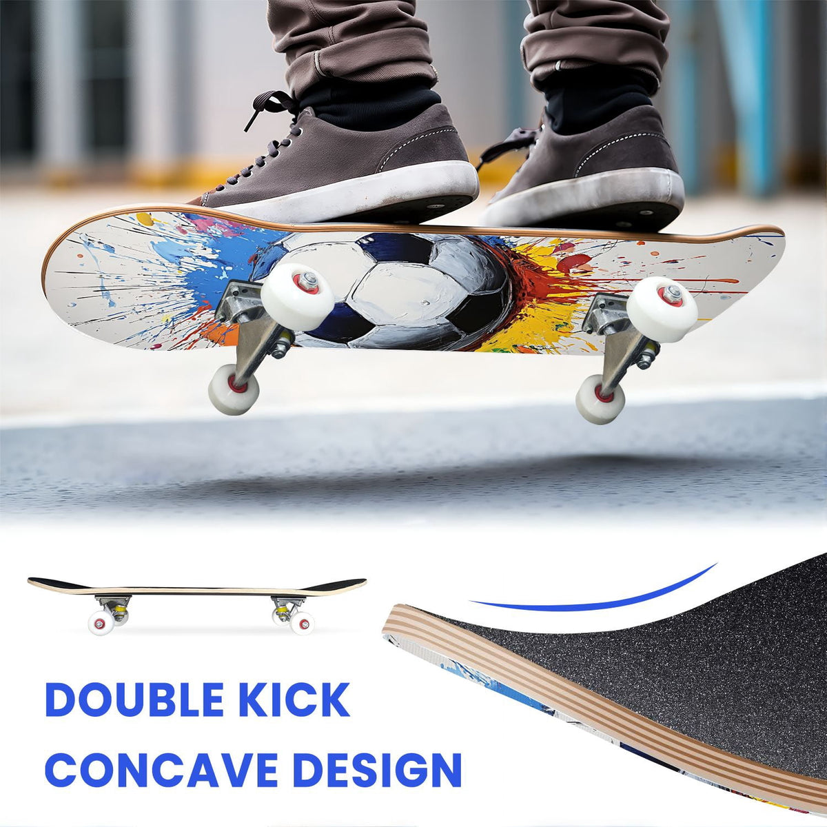 31"x8" Complete Skateboards for Beginners,Abstract Soccer Ball Vibrant Paint Splashes Drips Double Kick 7 Ply Canadian Maple Deck Skateboard with Wheels, Sports Gifts for Kids Teens
