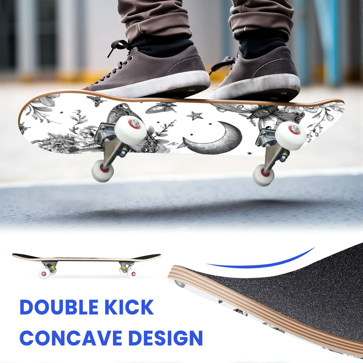 31"x8" Complete Skateboards for Beginners,Whimsical Moths Flowers Pastel Colors Stars Moon Mystical Double Kick 7 Ply Canadian Maple Deck Skateboard with Wheels, Gifts for Kids Teens