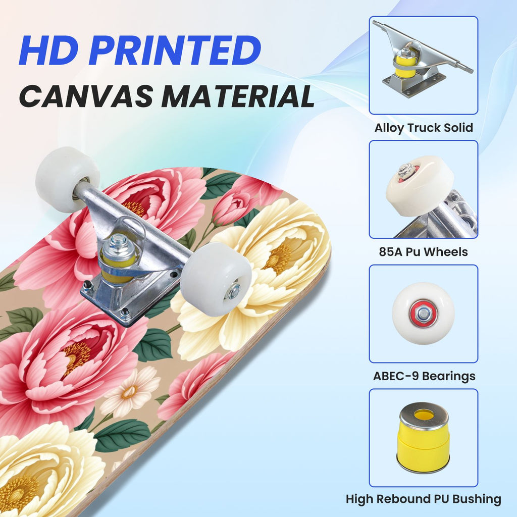 31"x8" Complete Skateboards for Beginners, Pink Floral Ribbon Roses Bows White Double Kick 7 Ply Canadian Maple Deck Skateboard with Wheels, Gifts for Girls Teens