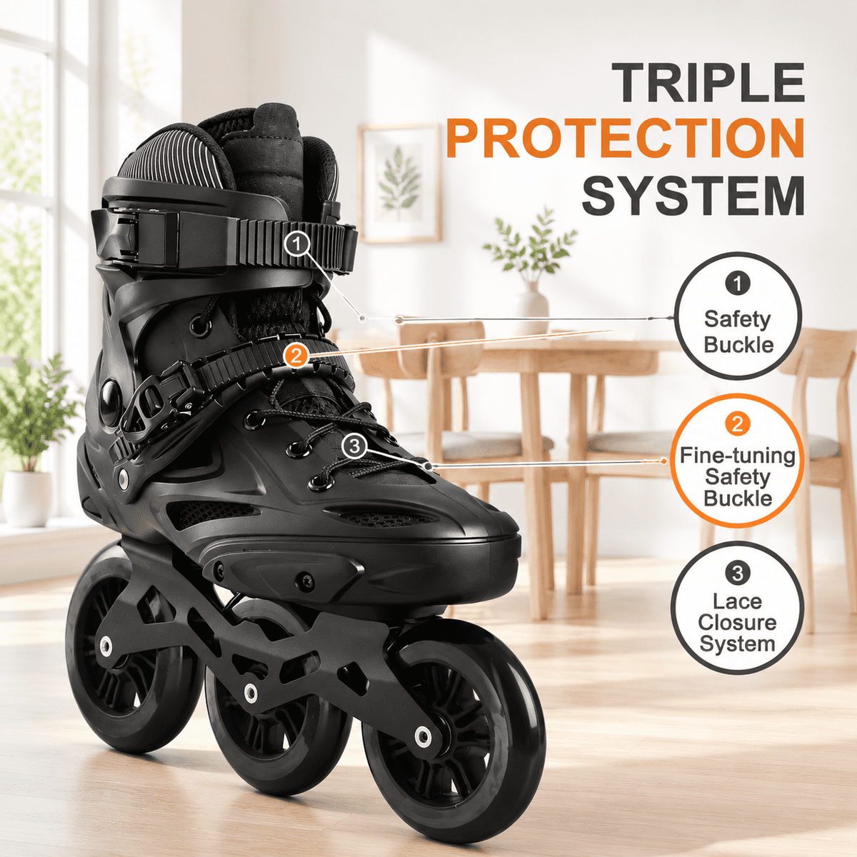 Black Men5.5-6/Women6.5-7/25cm 3-Wheel Inline Skates for Adult Fitness Speed Racing