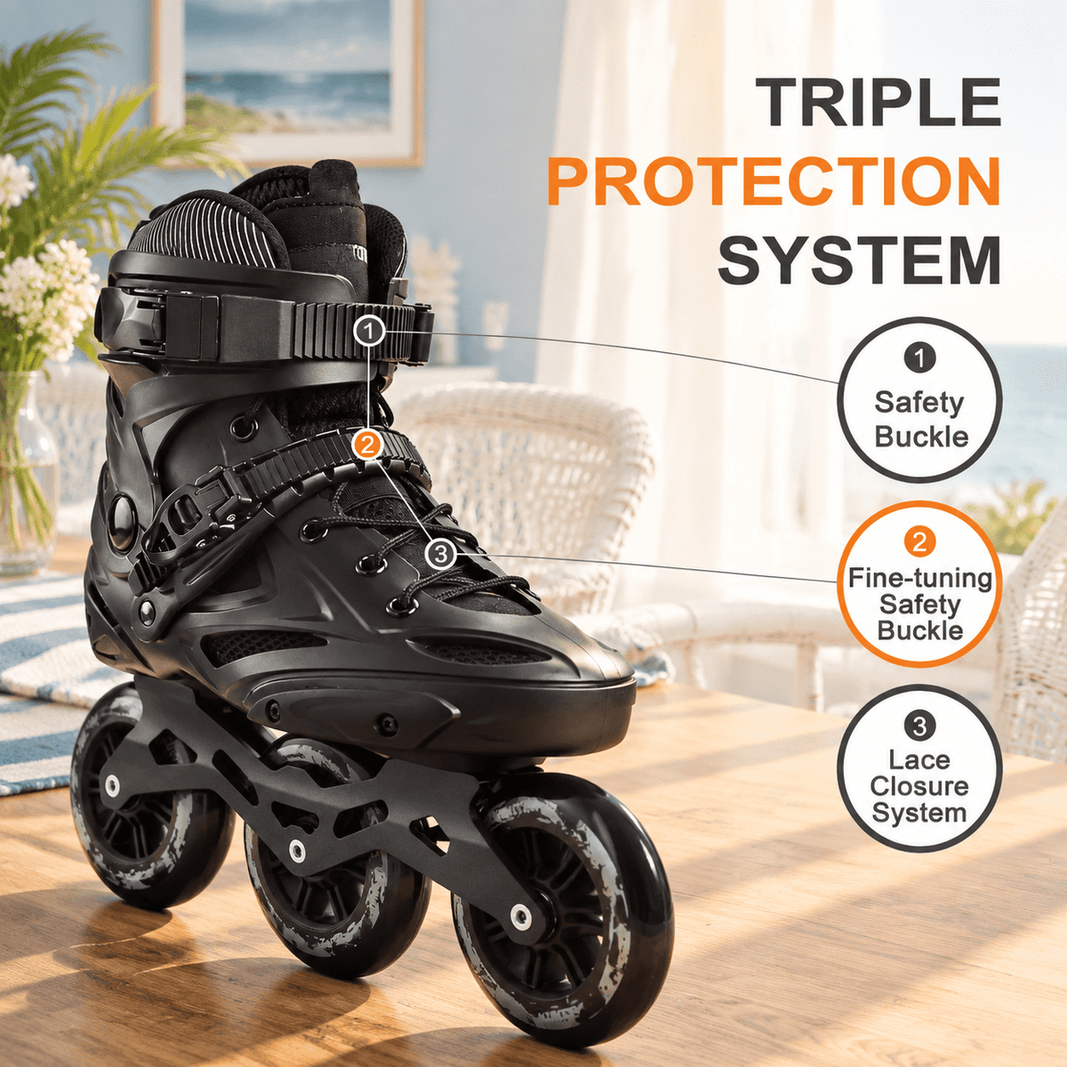 Black Men5.5-6/Women6.5-7/25cm 3-Wheel Inline Skates for Adult Fitness Speed Racing