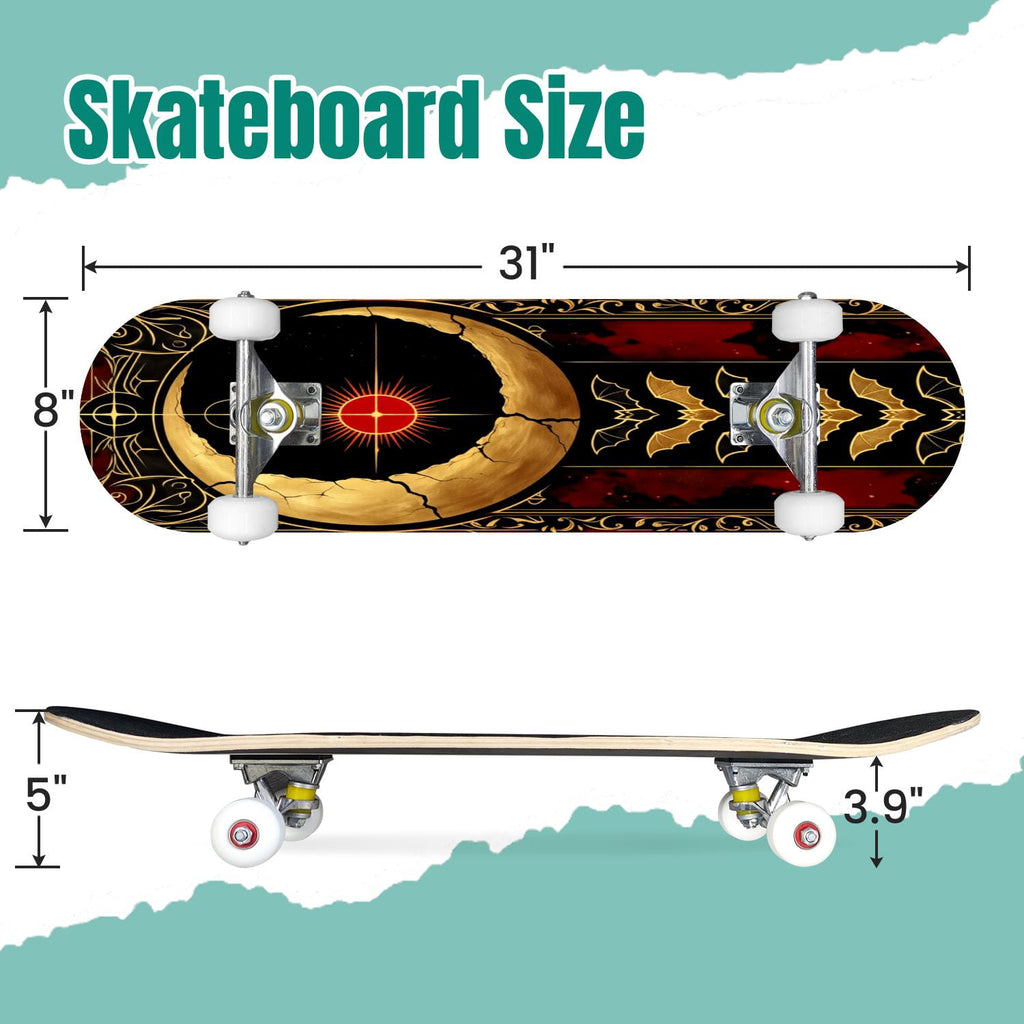 Red Mystic Circle Eyes Occult Symbols Dark Abstract Art 31" x 8" Complete Skateboard, 7-Ply Canadian Maple Double Kick Trick Board for Kids and Beginners Adult Gifts