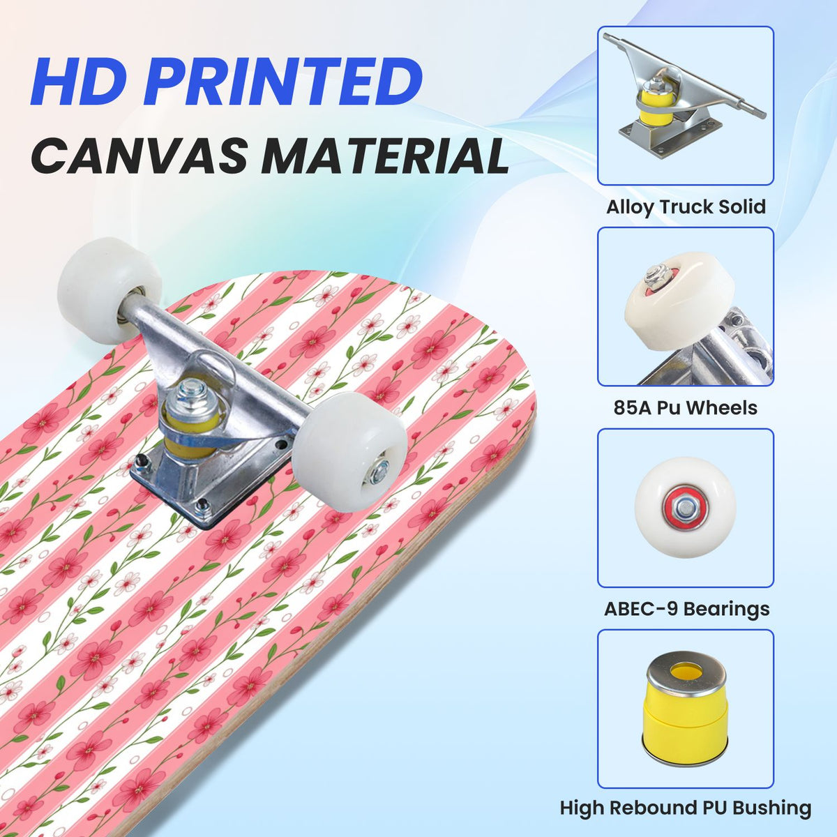 31"x8" Complete Skateboards for Beginners, Pink Floral Striped Delicate Leaves Flowers Botanical Double Kick 7 Ply Canadian Maple Deck Skateboard with Wheels, Gifts for Girls Teens