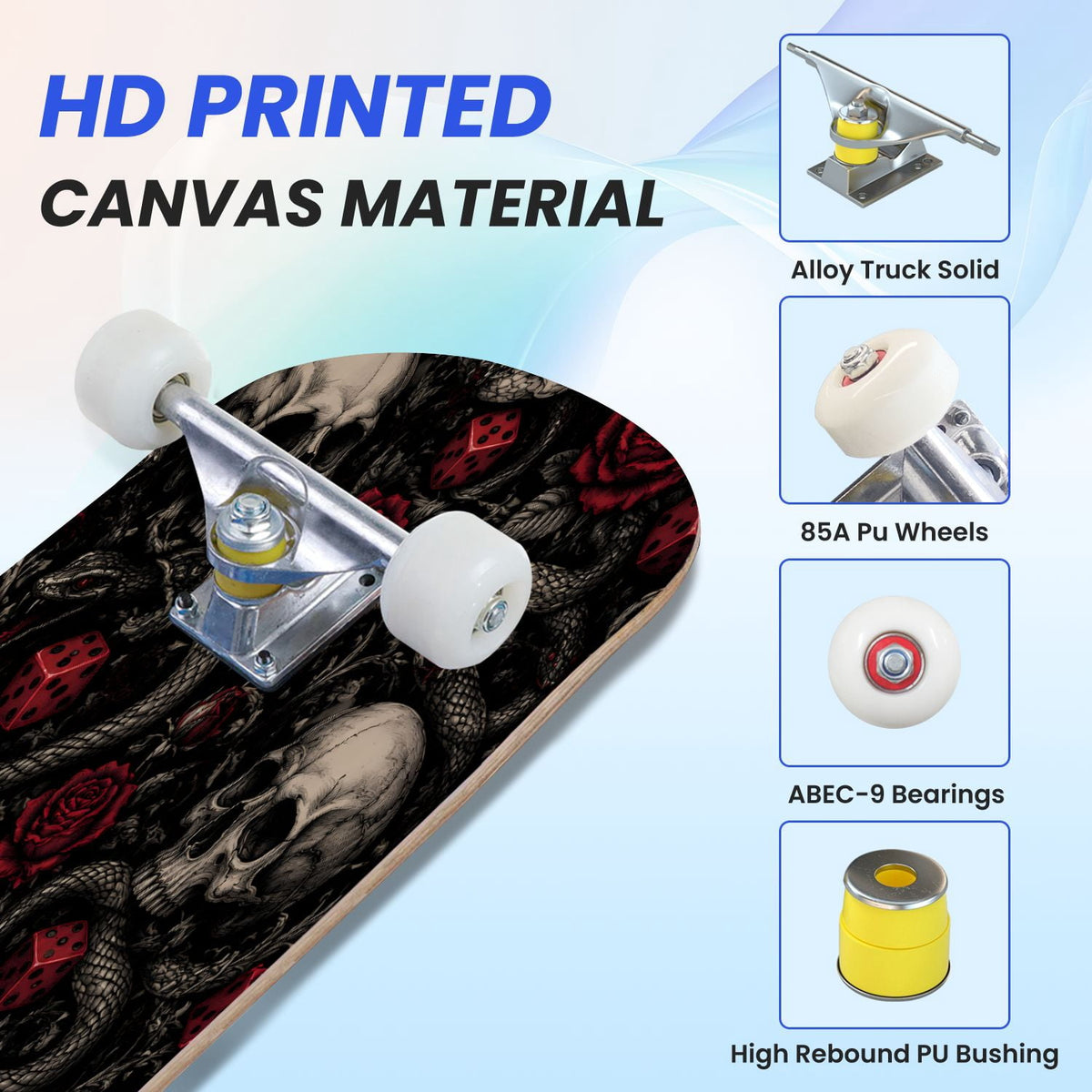 31"x8" Complete Skateboards for Beginners,Cute Ghosts Purple Bows Bats Lilac Halloween Double Kick 7 Ply Canadian Maple Deck Skateboard with Wheels, Gifts for Kids Teens
