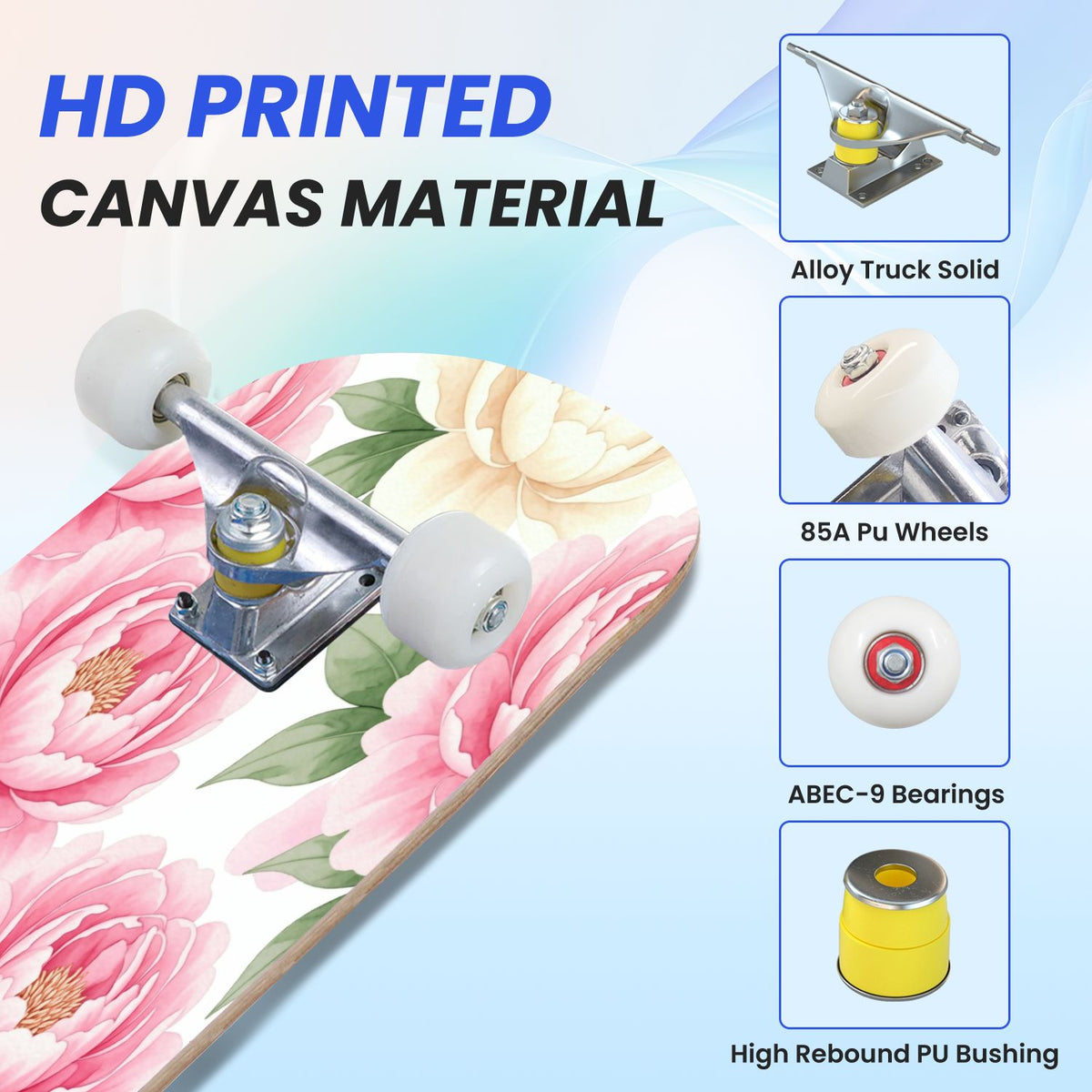 31"x8" Complete Skateboards for Beginners, Seamless Pink Peony Floral Cream Double Kick 7 Ply Canadian Maple Deck Skateboard with Wheels, Gifts for Girls Teens