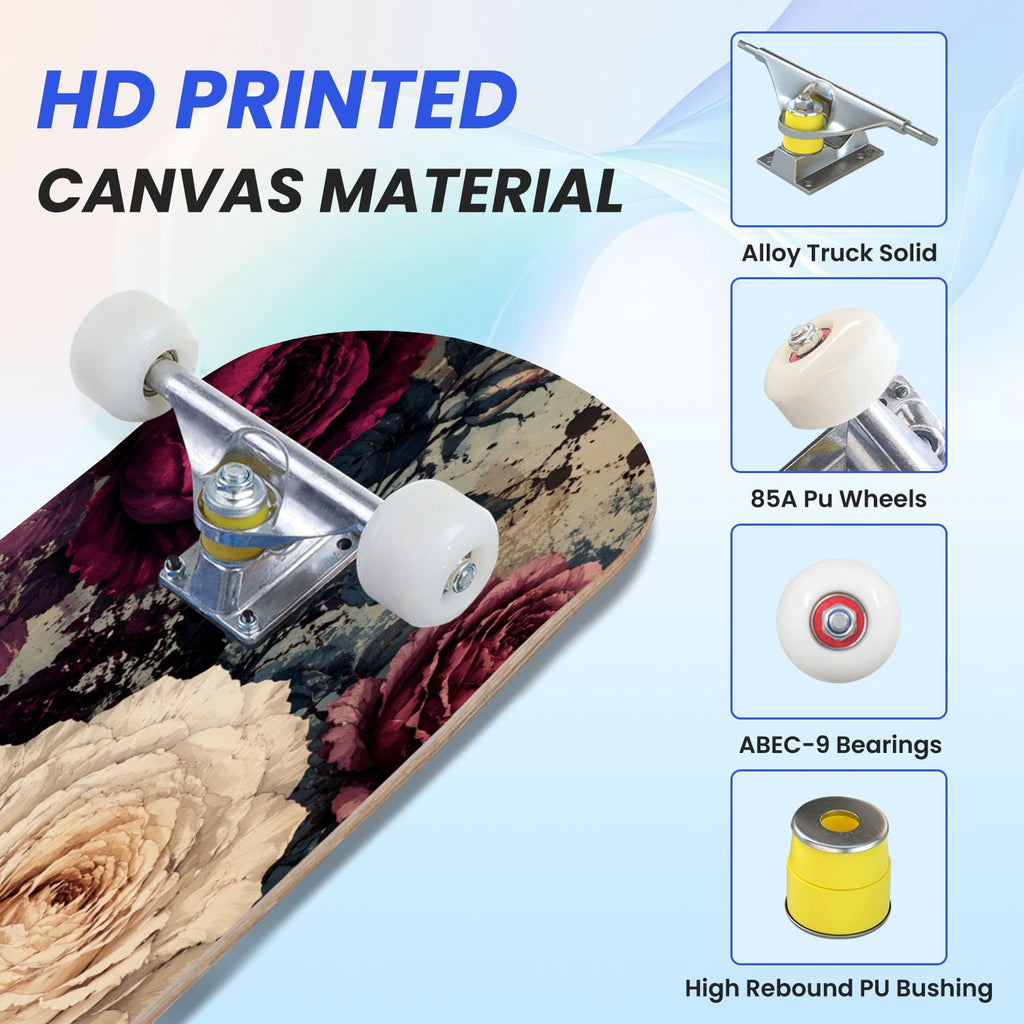 31"x8" Complete Skateboards for Beginners,Vintage Botanical Skull Flowers Elements Dark Double Kick 7 Ply Canadian Maple Deck Skateboard with Wheels, Gifts for Kids Teens