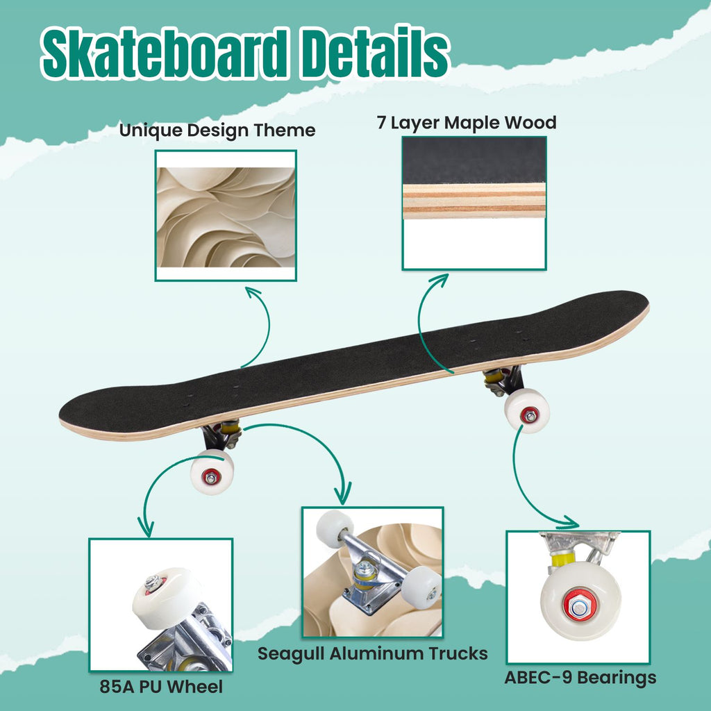 Beige Waves Flowing Lines 3D Effect 31" x 8" Complete Skateboard, 7-Ply Canadian Maple Double Kick Trick Board for Kids and Beginners Adult Gifts