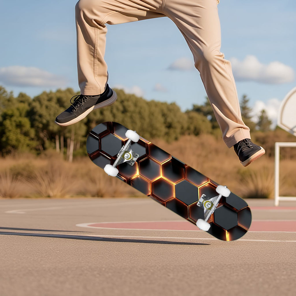 Futuristic Hexagonal Metallic Blue Glowing Orange Highlights 31" x 8" Complete Skateboard, 7-Ply Canadian Maple Double Kick Trick Board for Kids and Beginners Adult Gifts