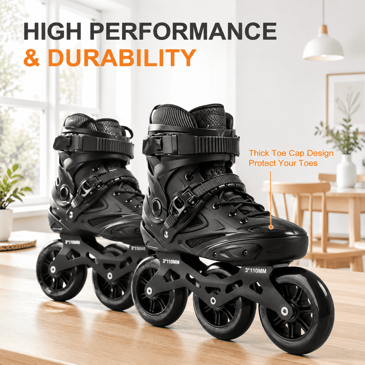 Black Men5.5-6/Women6.5-7/25cm 3-Wheel Inline Skates for Adult Fitness Speed Racing