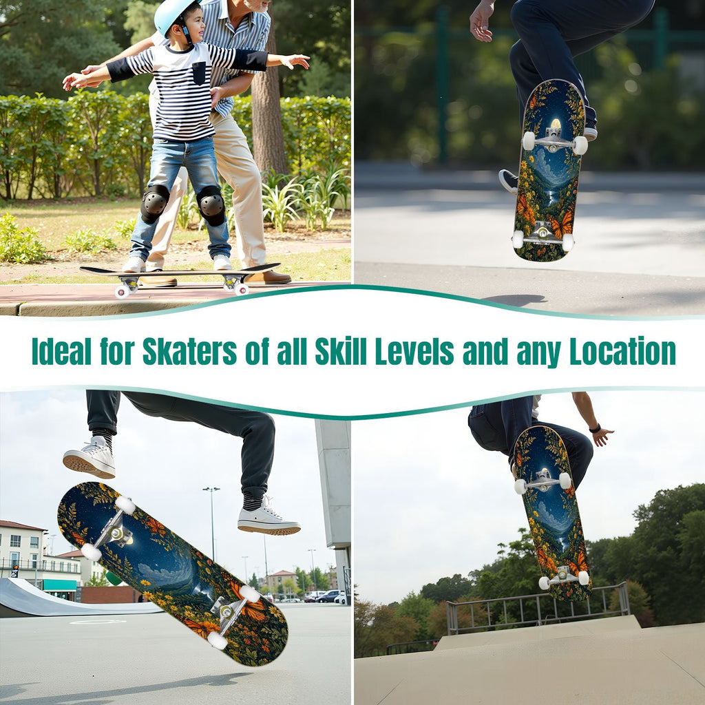 31"x8" Complete Skateboards for Beginners, Blue Moth Moonlight Flowers Mushrooms Forest Double Kick 7 Ply Canadian Maple Deck Skateboard with Wheels, Gifts for Kids Teens