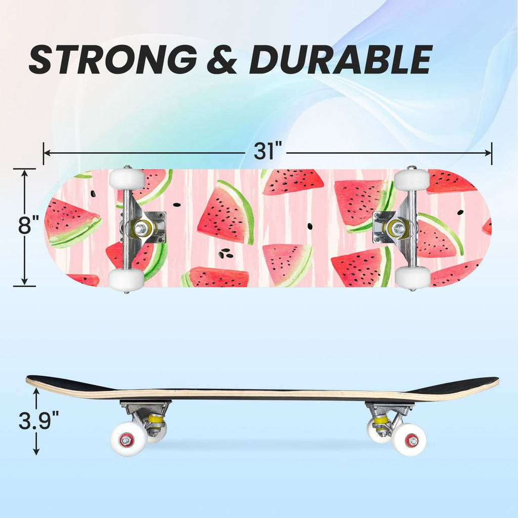 31"x8" Complete Skateboards for Beginners,Watercolor Watermelon Slices Pink Striped Double Kick 7 Ply Canadian Maple Deck Skateboard with Wheels, Gifts for Kids Teens