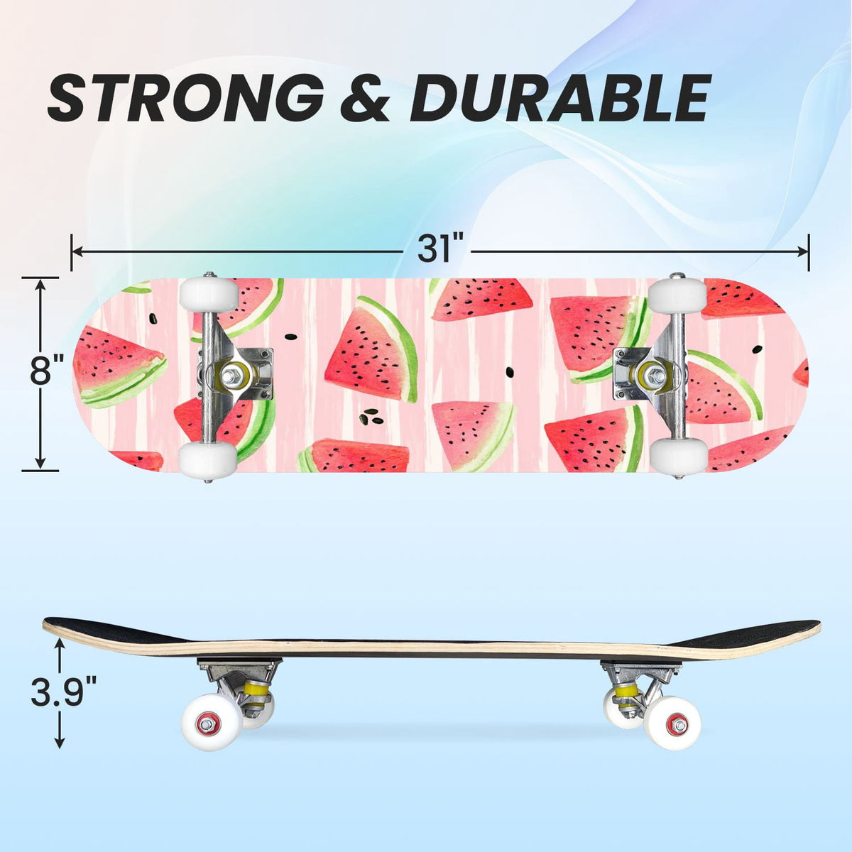 31"x8" Complete Skateboards for Beginners,Watercolor Watermelon Slices Pink Striped Double Kick 7 Ply Canadian Maple Deck Skateboard with Wheels, Gifts for Kids Teens