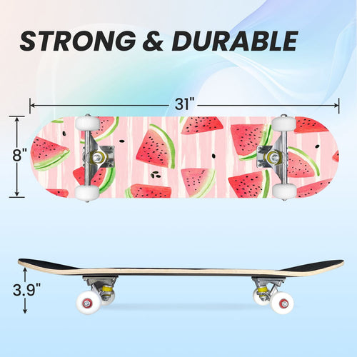 31"x8" Complete Skateboards for Beginners,Watercolor Watermelon Slices Pink Striped Double Kick 7 Ply Canadian Maple Deck Skateboard with Wheels, Gifts for Kids Teens
