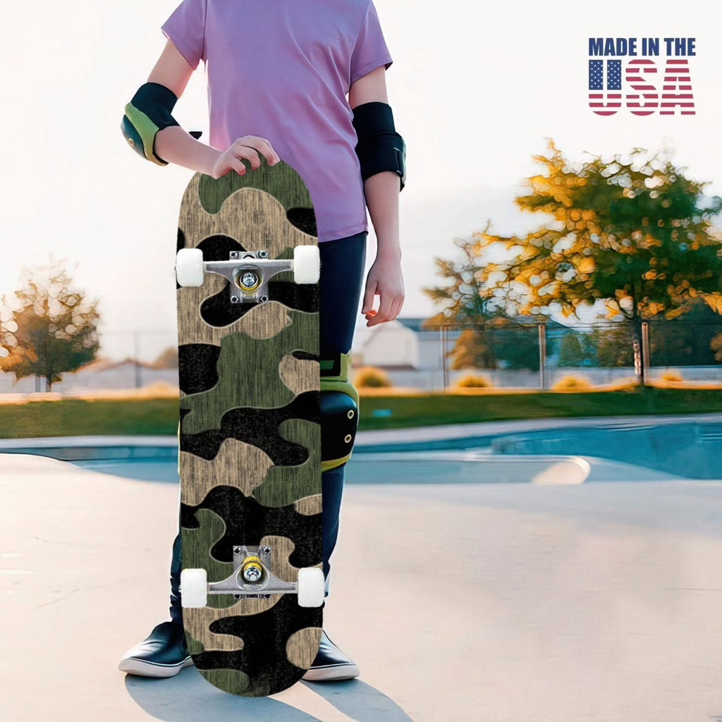 31"x8" Complete Skateboards for Beginners,Abstract Natural Earthy Tones Brush Strokes Camouflage Double Kick 7 Ply Canadian Maple Deck Skateboard with Wheels, Gifts for Kids Teens