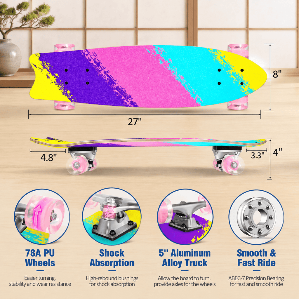 Rainbow 27 x 8 Inch Complete Cruiser Skateboard for Teens Adults Beginners