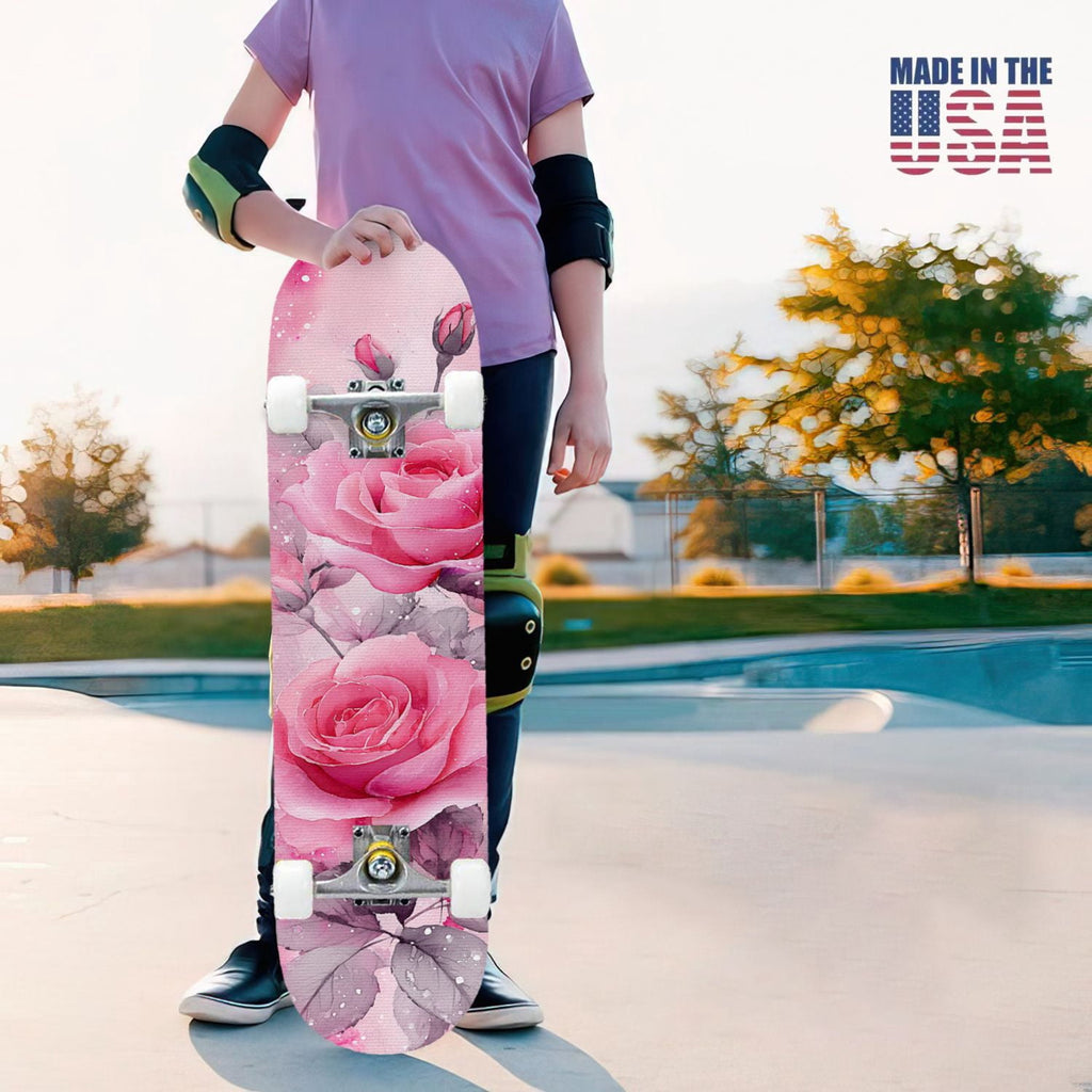 31"x8" Complete Skateboards for Beginners, Elegant Pink Red Roses Green Leaves Dark Double Kick 7 Ply Canadian Maple Deck Skateboard with Wheels, Gifts for Kids Teens