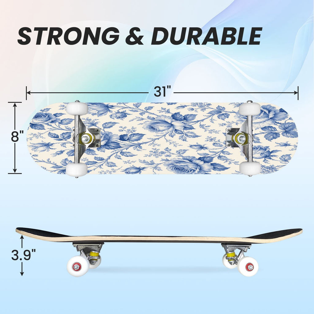 31"x8" Complete Skateboards for Beginners,Elegant White Blue Flowers Soft Petals Dreamy Artistic Double Kick 7 Ply Canadian Maple Deck Skateboard with Wheels, Gifts for Kids Teens