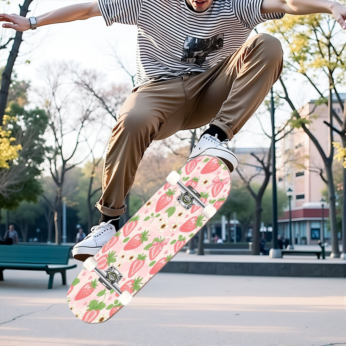 31"x8" Complete Skateboards for Beginners, Seamless Pink Peony Floral Cream Double Kick 7 Ply Canadian Maple Deck Skateboard with Wheels, Gifts for Girls Teens