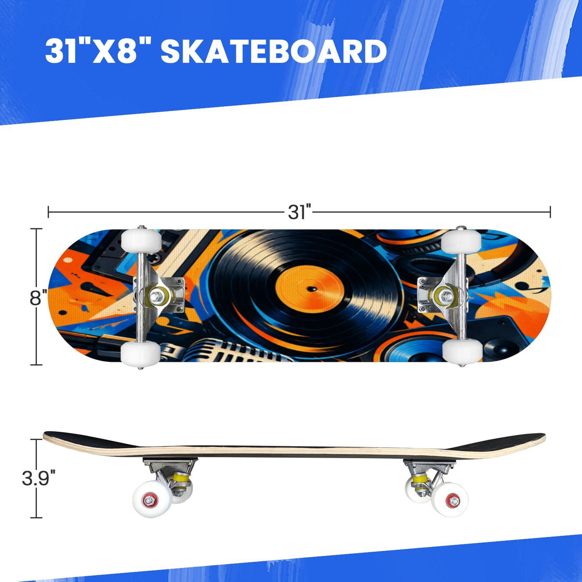 Complete Skateboard Vibrant Swirling Abstract 31 Inch 7-Ply Maple Skateboard with PU Wheels and Aluminum Trucks, Ready-to-Ride Skateboard for Beginners, Teens and Adults