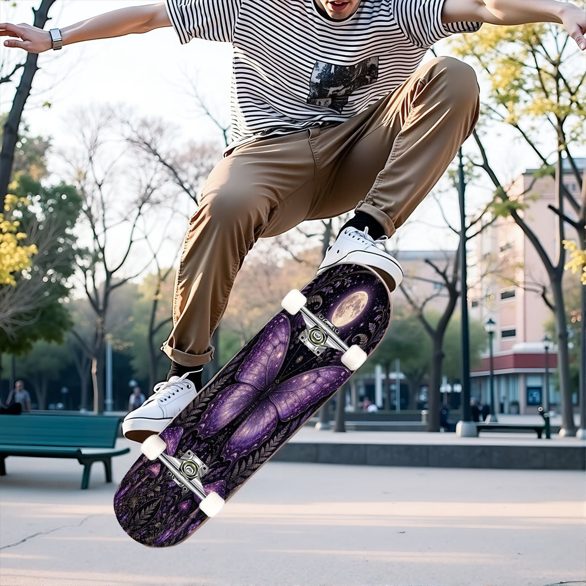 31"x8" Complete Skateboards for Beginners, Butterfly Garden Vintage Botanical Motifs Dark Green Teal Double Kick 7 Ply Canadian Maple Deck Skateboard with Wheels, Gifts for Kids Teens