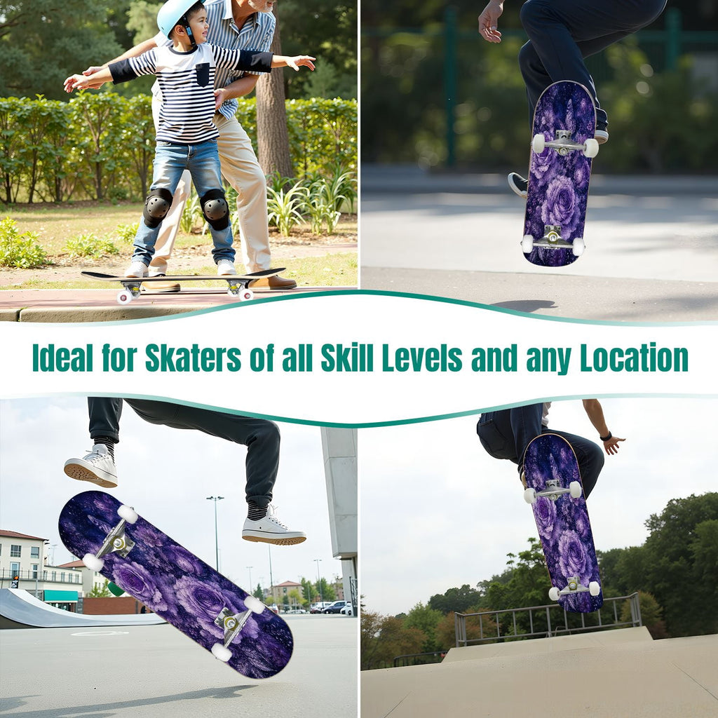 31"x8" Complete Skateboards for Beginners, Mystical Purple Butterfly Glowing Mushrooms Under Full Moon Double Kick 7 Ply Canadian Maple Deck Skateboard with Wheels, Gifts for Kids Teens