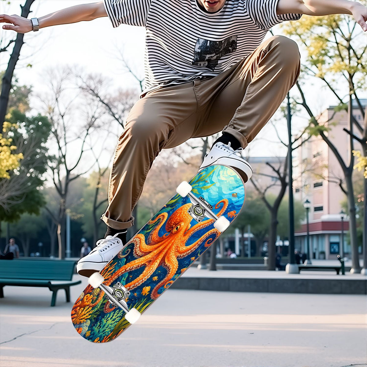 31"x8" Complete Skateboards for Beginners, Colorful Underwater Two Seahorses Coral Reefs Double Kick 7 Ply Canadian Maple Deck Skateboard with Wheels, Gifts for Kids Teens