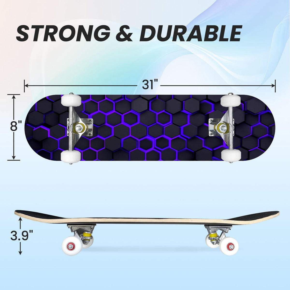 31"x8" Complete Skateboards for Beginners,Geometric Hexagon Glowing Neon Blue Purple Double Kick 7 Ply Canadian Maple Deck Skateboard with Wheels, Gifts for Kids Teens