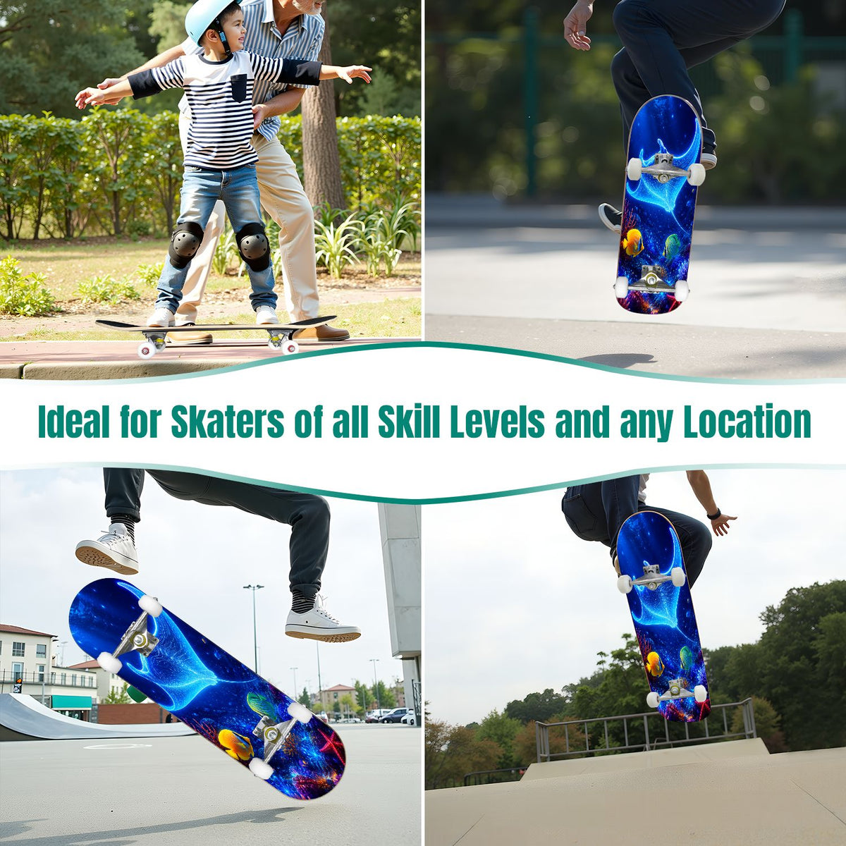 31"x8" Complete Skateboards for Beginners, Underwater Sharks Glowing Purple Jellyfish Marine Life Double Kick 7 Ply Canadian Maple Deck Skateboard with Wheels, Gifts for Kids Teens